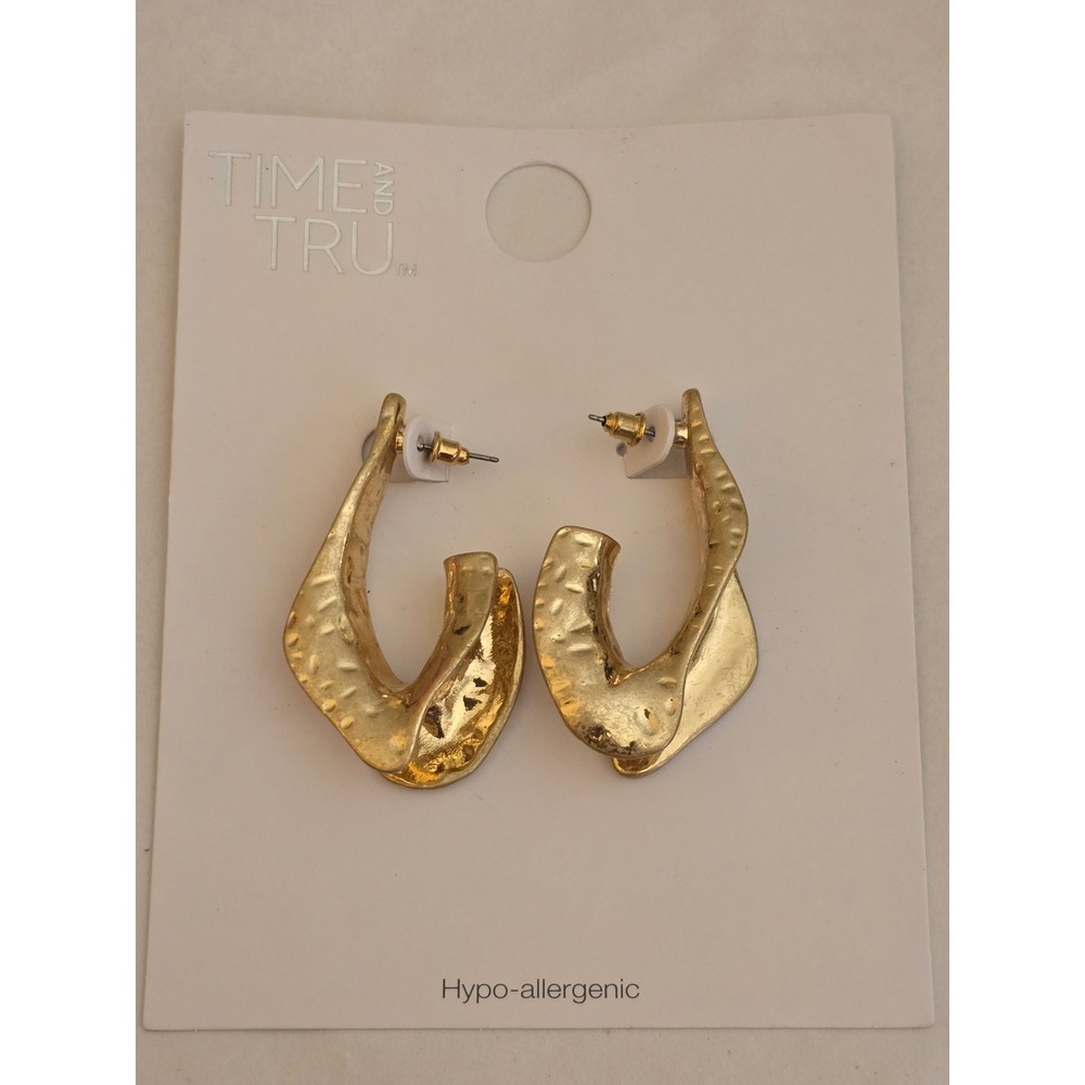 Time and Tru Gold‎ Tone Hammered Twisted Hoop Earrings Hypo-allergenic New